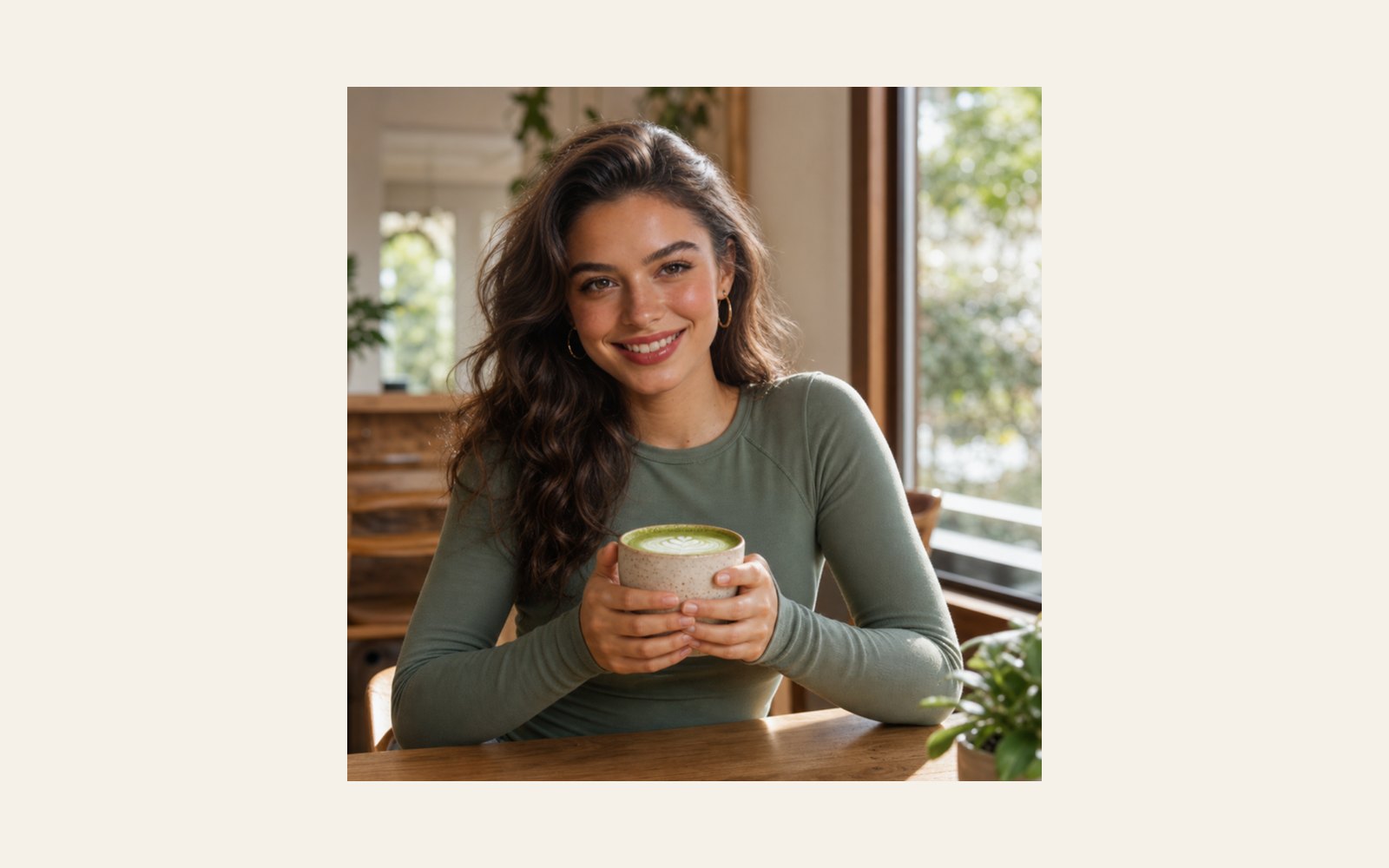 Gina James with matcha at a café