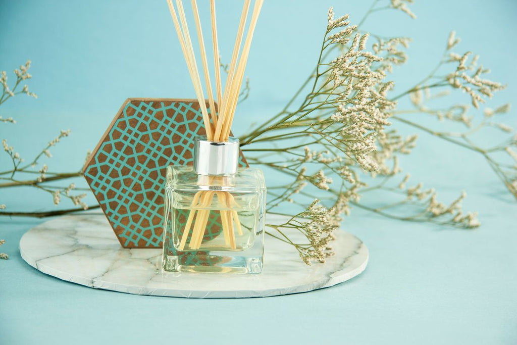 Aromatherapy diffuser with reed sticks beside natural branches