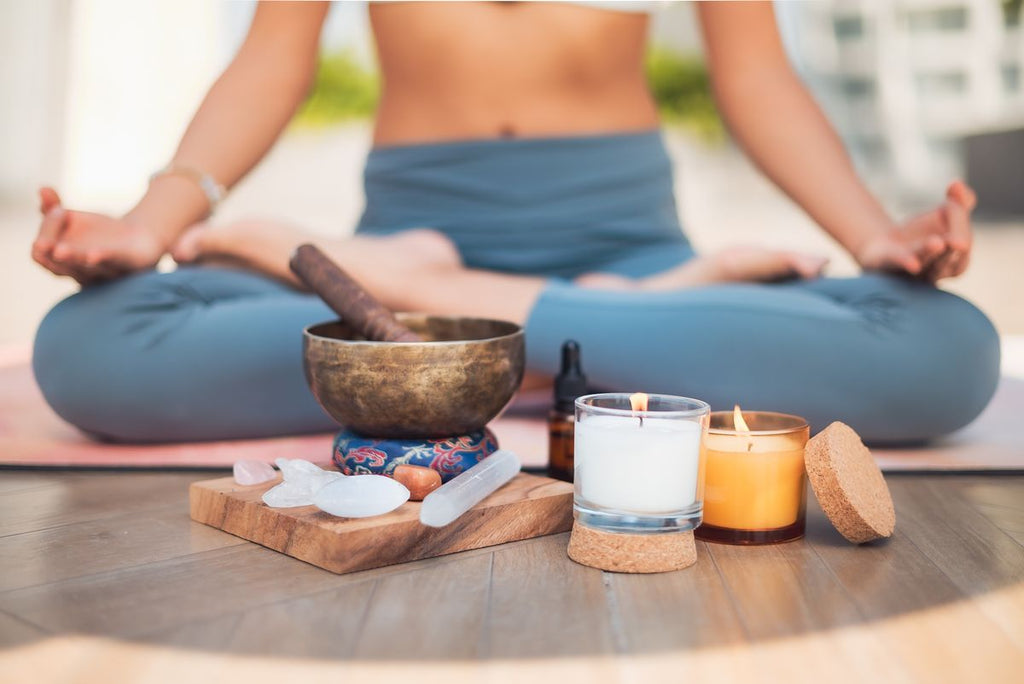 Tibetan singing bowl with healing crystals