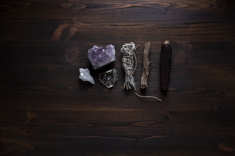 Flat lay crystals and stones meditation kit